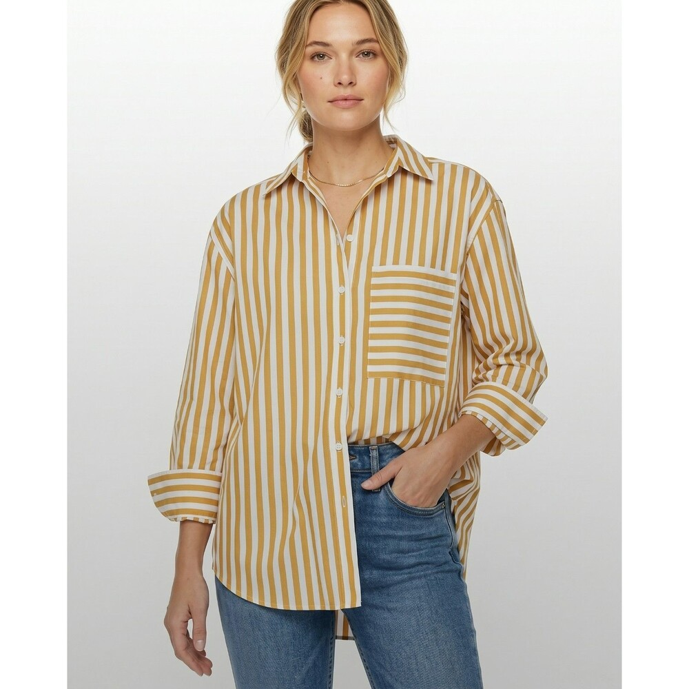 AYR The Deep End Stripe Button Down Shirt Top Yellow White Cotton Small